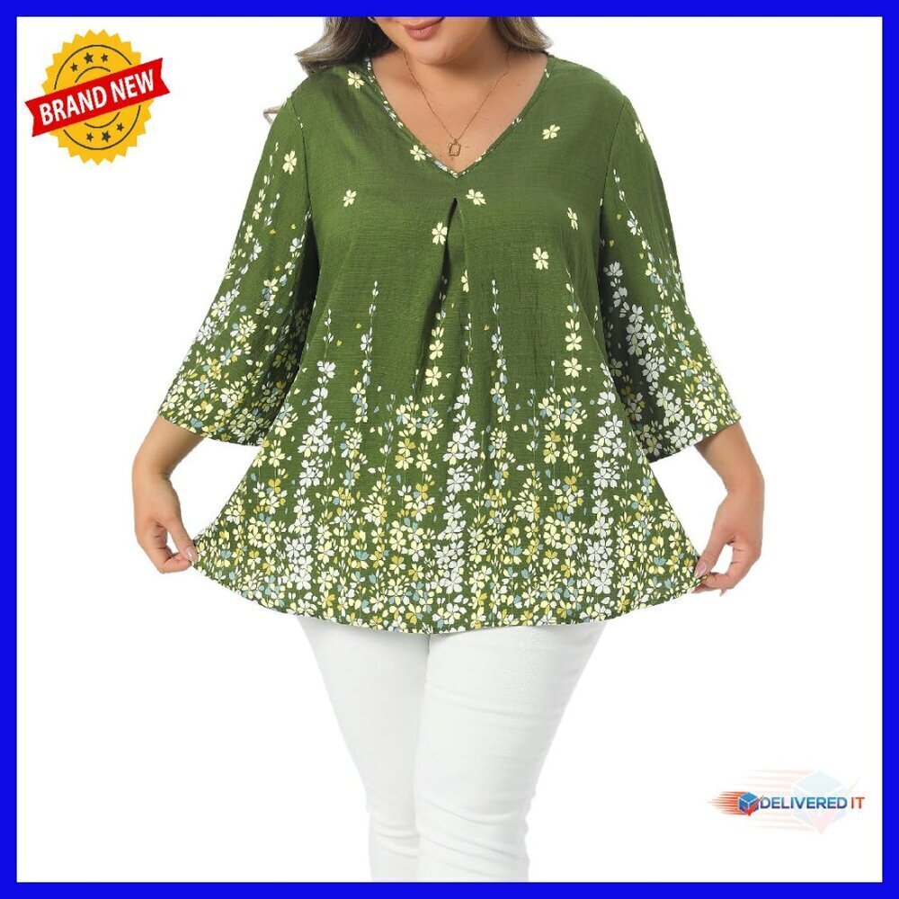 Plus Size V-Neck 3/4 Sleeve Boho Floral Blouse Loose Fit Top